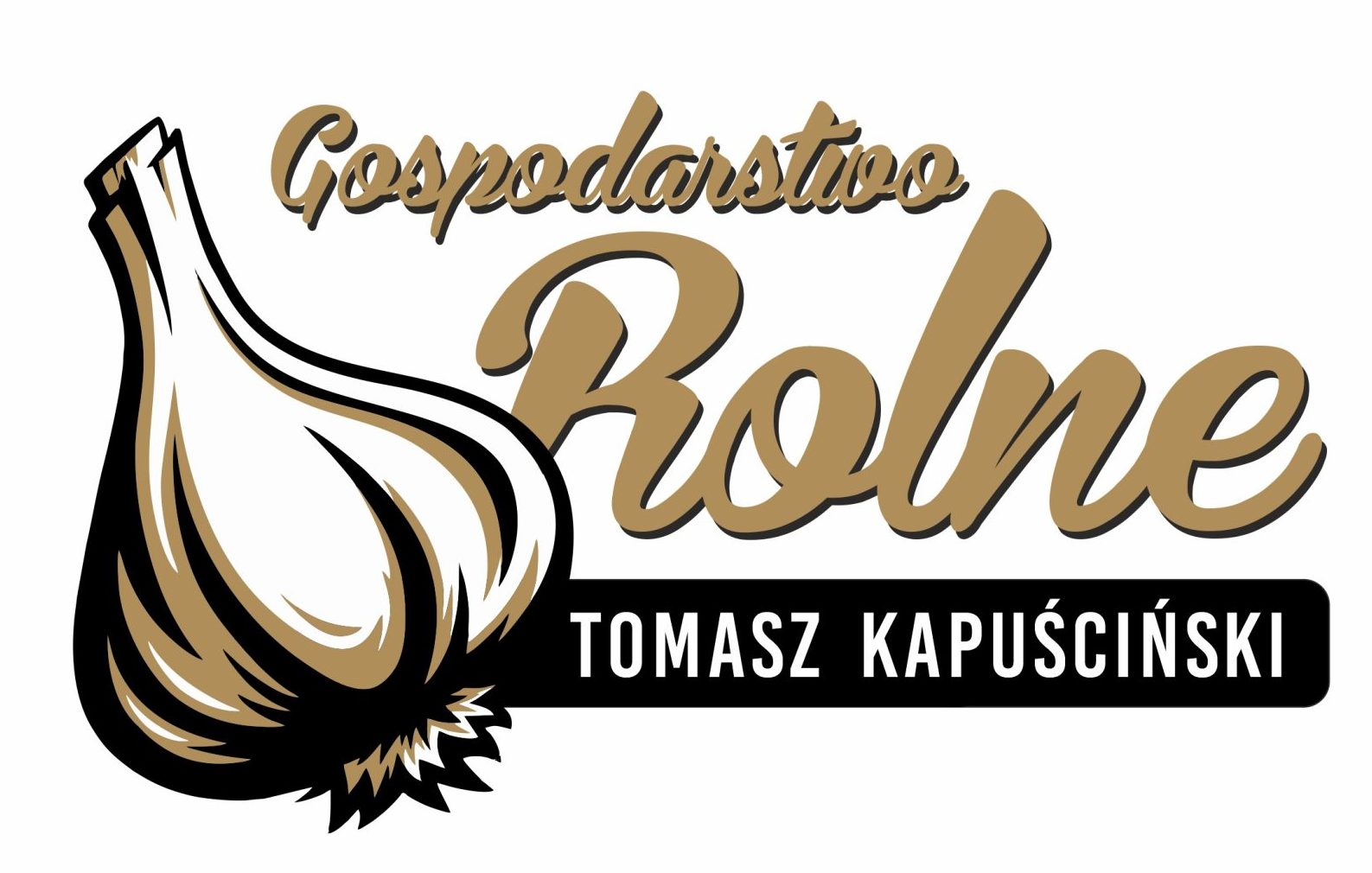 Logo przedstawiające dużą grafikę główki czosnku po lewej stronie. Obok widnieje stylizowany, brązowy napis "Gospodarstwo Rolne", a pod nim czarny prostokąt z białym napisem "TOMASZ KAPUŚCIŃSKI".
